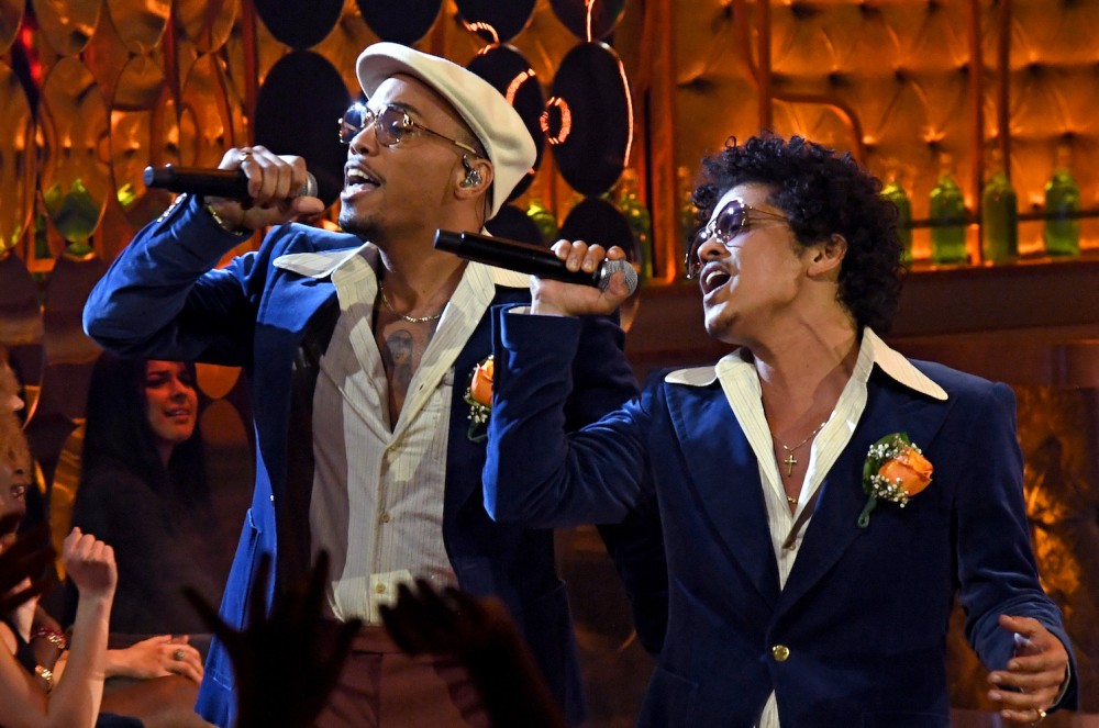 Anderson .Paak and Bruno Mars of Silk Sonic perform onstage at the 2021 iHeartRadio Music Awards at The Dolby Theatre in Los Angeles, California.