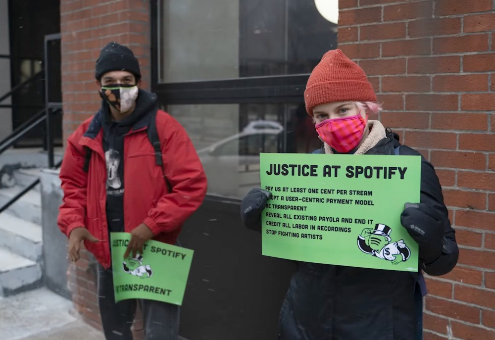 A group of musicians at a protest against Spotify organized by the Union of Musicians and Allied Workers